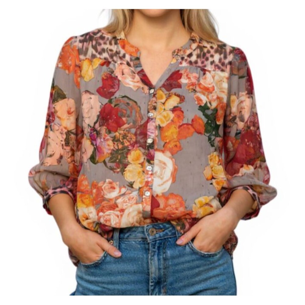 Figueroa & Flower Chiffon Sheer Floral Peasant Blouse Top Medium Gray Pink